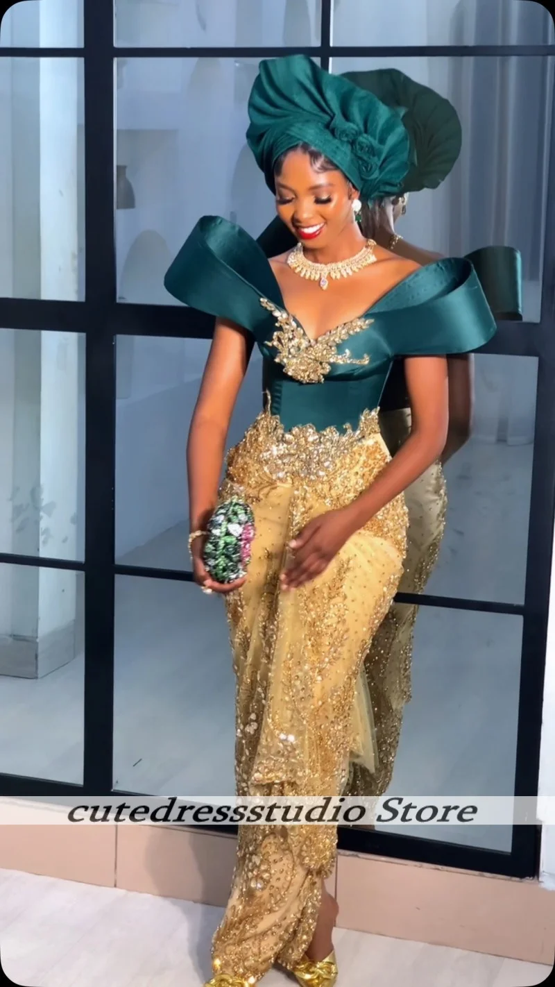 فساتين سهرة حورية البحر باللونين الأخضر والأصفر للفتيات الأفريقيات 2025 فساتين حفلات رائعة مزينة بالترتر والكريستال للسيدات فاخرة حسب الطلب