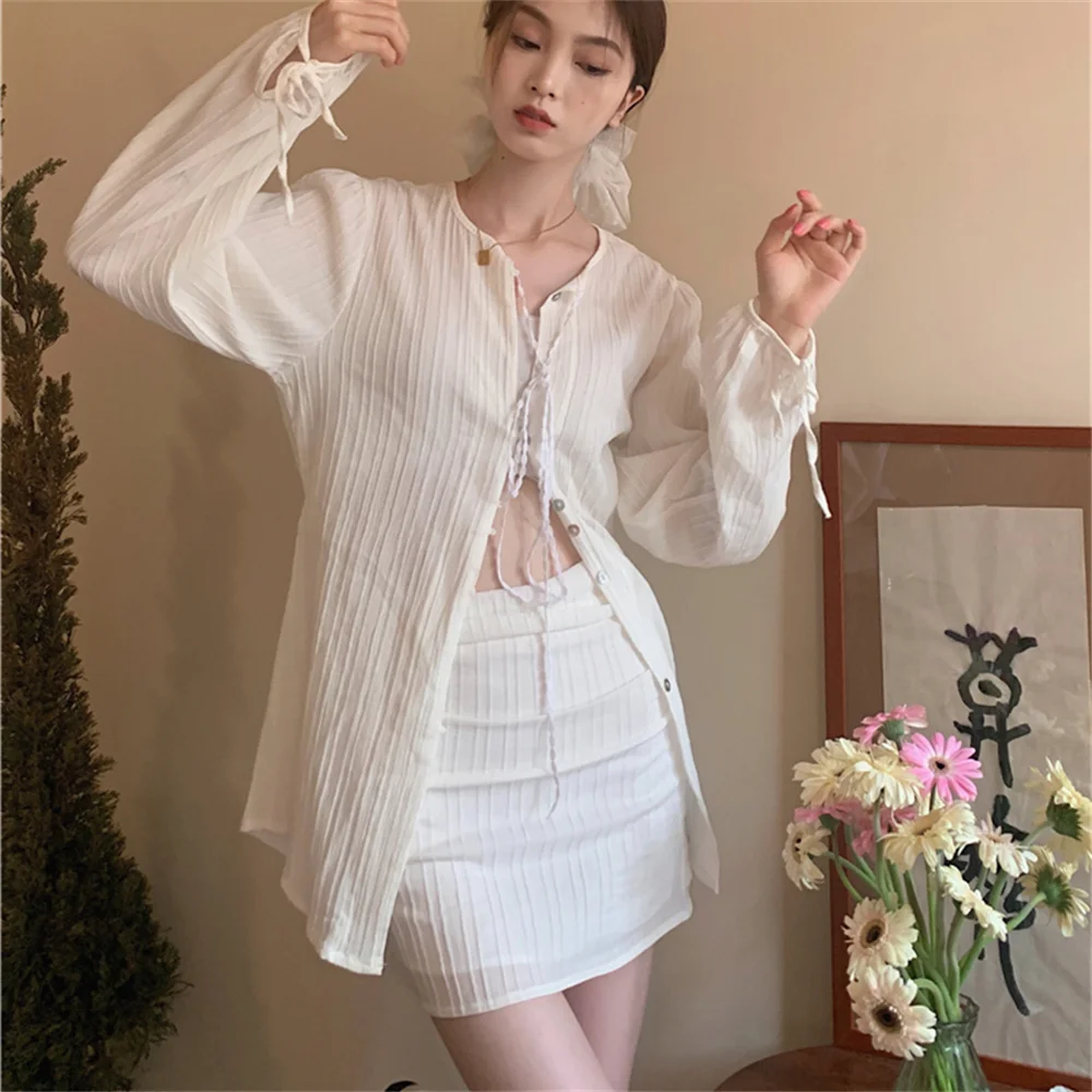 Alien Kitty Spring Women Sunscreen Two Pieces Sets New Slim Full Sleeve Shirts OL High Waist Bodycon Sexy Mini Skirts Suits