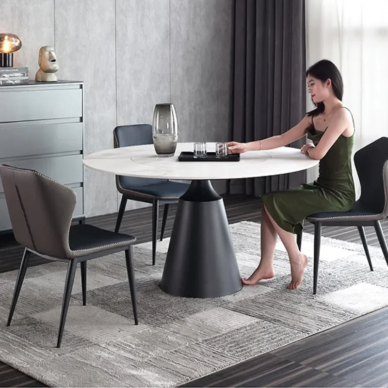 Modern Italian Round Sintered Stone Dining Set with Lazy Susan Minimalist Inlaid Table and Chairs for Small Apartment Home