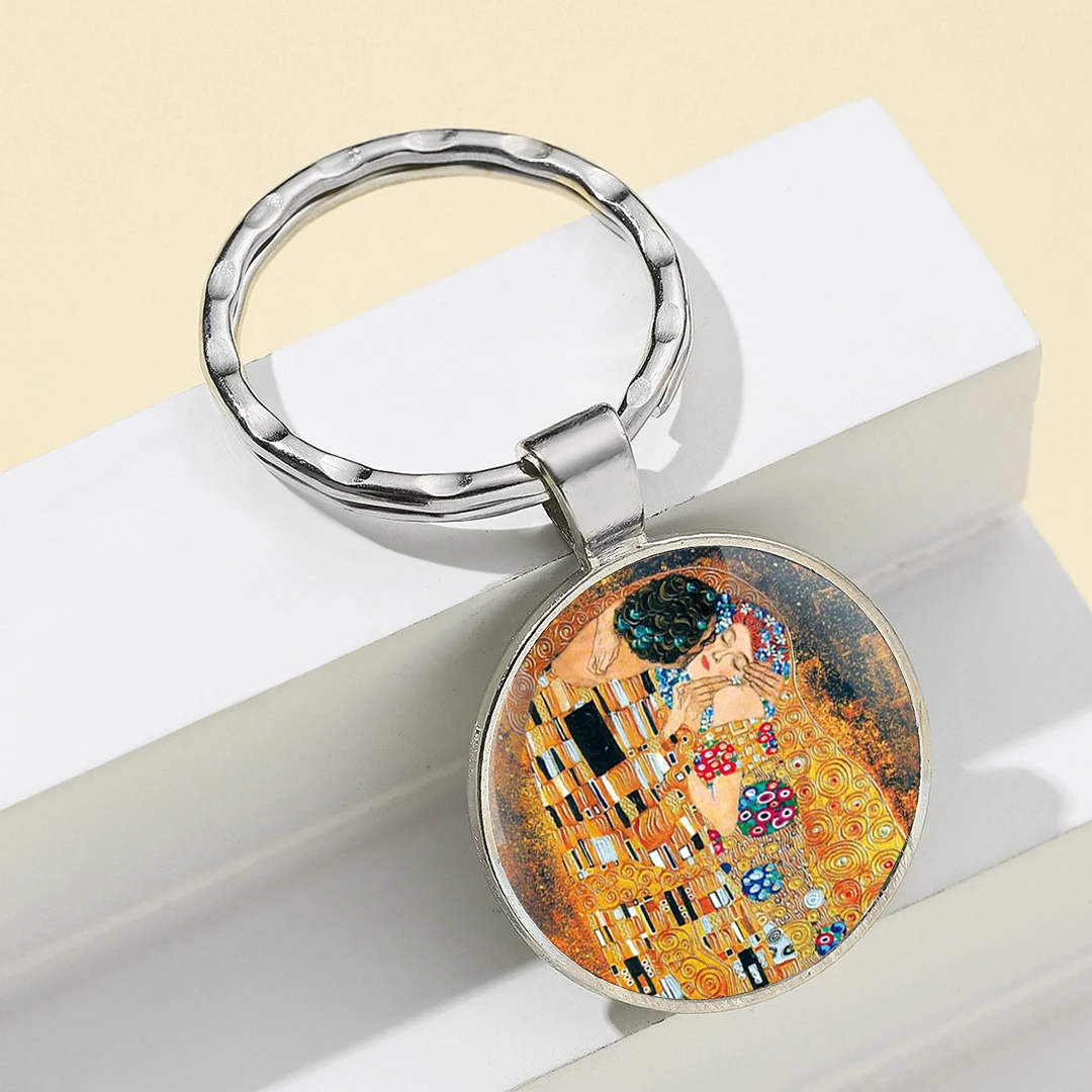 Kiss Gustav Klimt Design Round Glass Dome portachiavi in metallo fatto a mano per uomini e donne portachiavi gioielli regali portachiavi