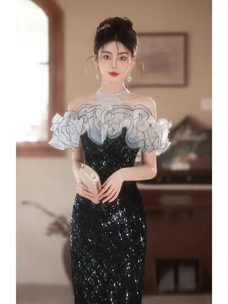 Abito da sera Ele Bla con gonna a coda fi con paillettes a vita media ort Sve Long Dr Faionable Zipper Sle Performance...