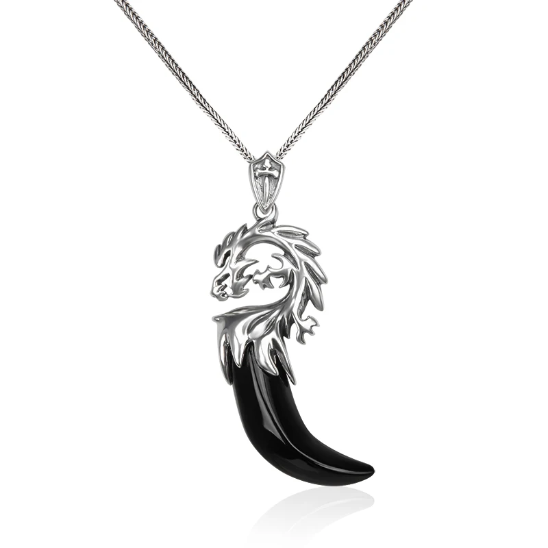 

YYSuniee S925 Silver Wolf Crescent Necklace Pendant Sweater Chain Niche Accessories Hip Hop Personalized Men's Retro High End