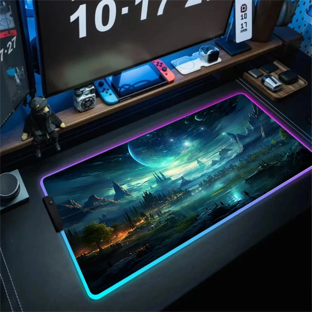 RGB LED Sunset Wilderness Large Gaming Mouse Pad, Non-Slip Rubber Desk Mat, Waterproof Extended Keyboard Pad
