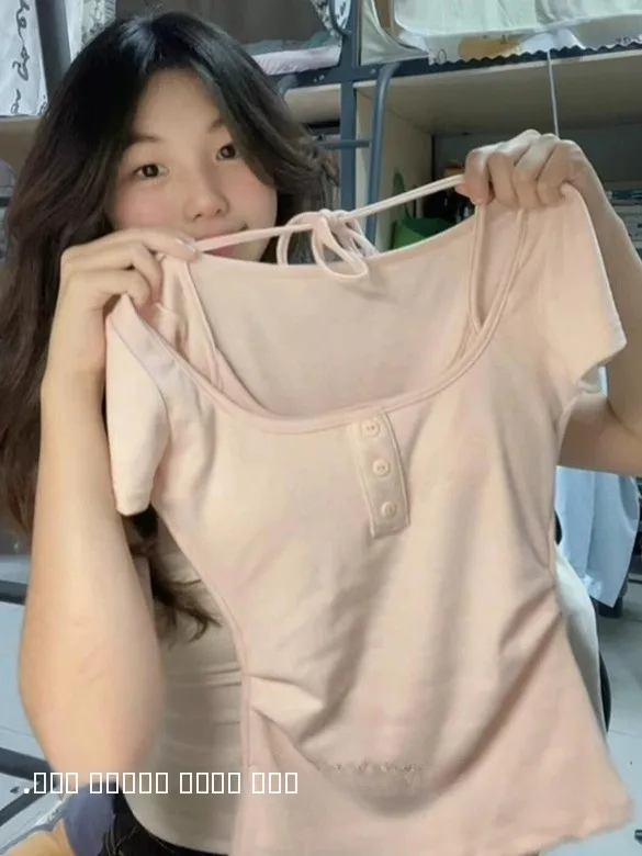 

Slim Fit ort Sve T-irt Women's Sle Korean Commute Cotton round Ne ort Length Removeable Chest Pad Casual Wear