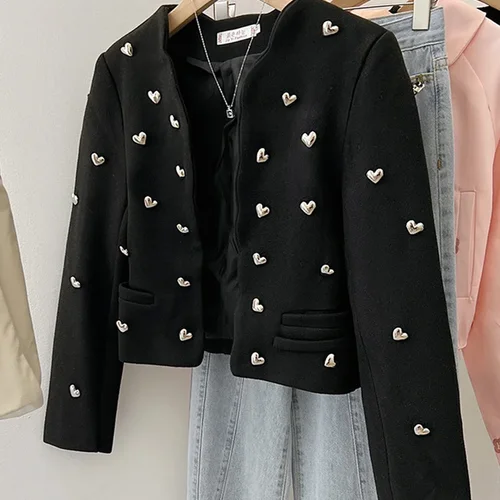 여성용 블랙 트위드 재킷 코트, 우아한 숙녀 패션, 하트 디자인, 모직 혼방, 짧은 카디건, 아우터, 2024 가을