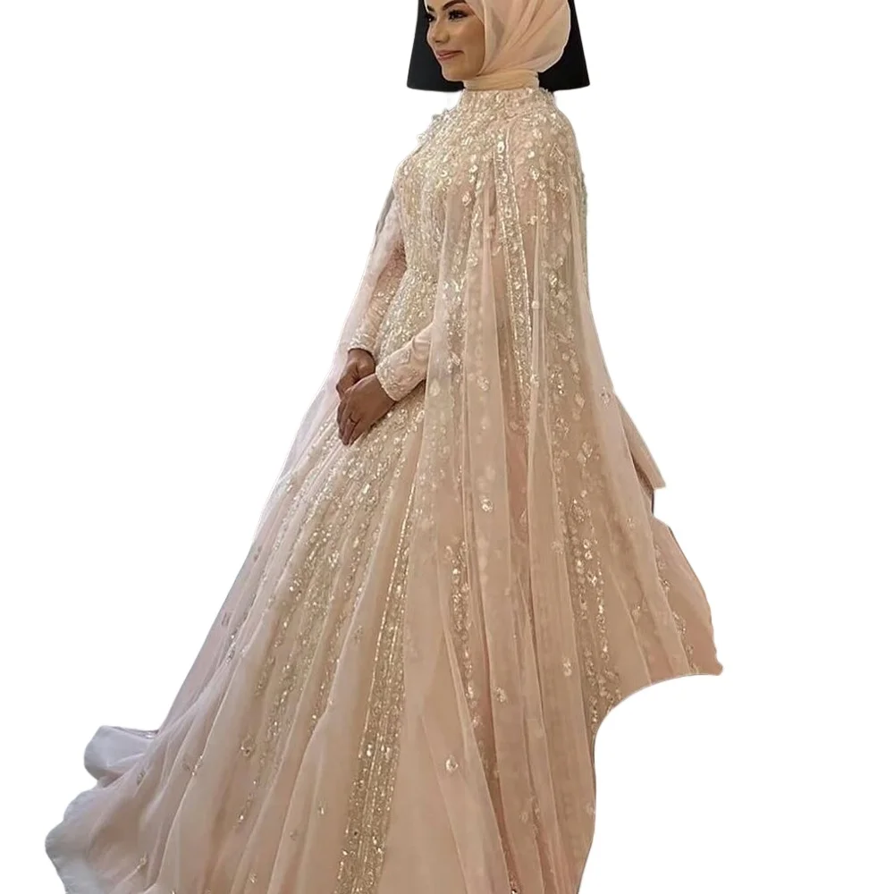 Moslim Trouwjurken Hijab Hoge Hals Lange Mouw Luxe Bruidsjurk met Cape Kralen Bruidsjurk Aangepaste vestidos de novia - afbeelding 2