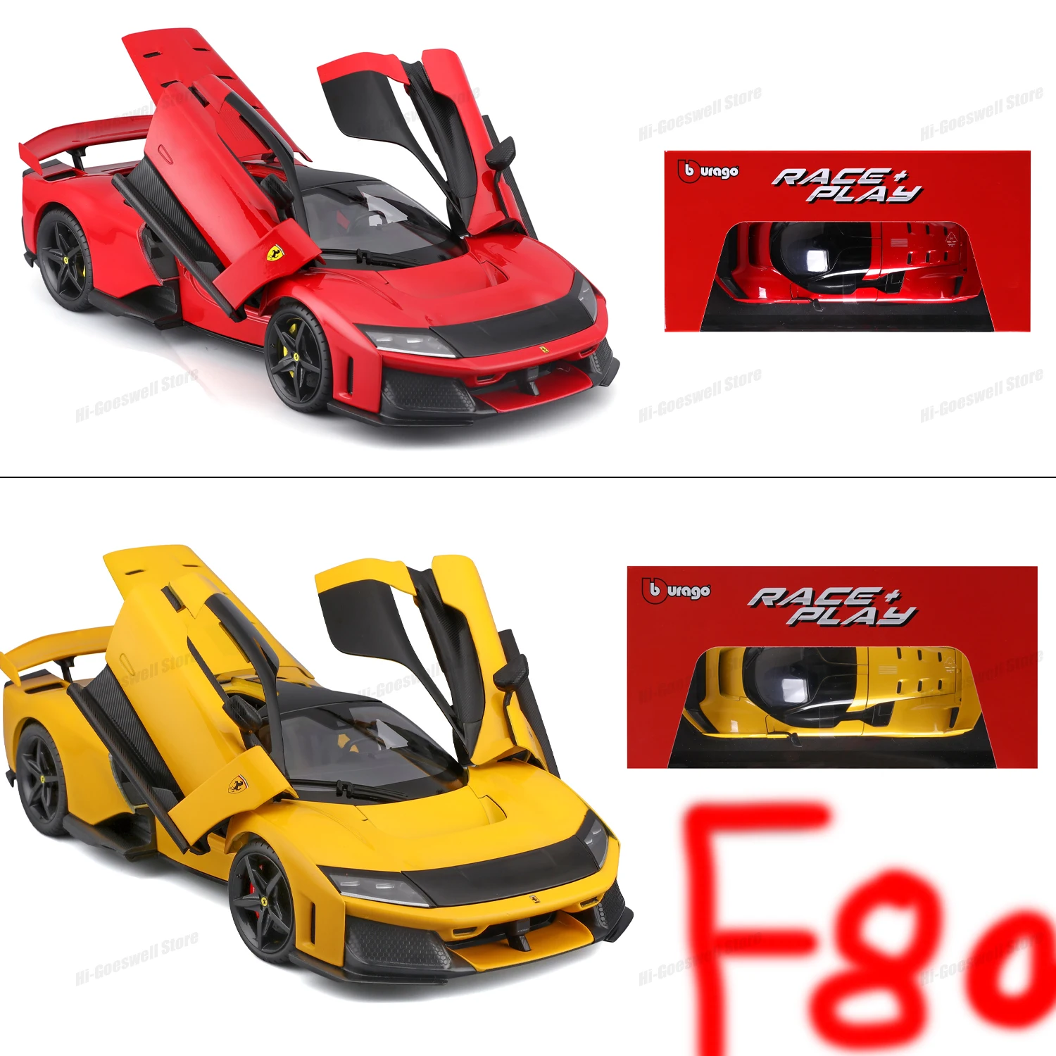 Bburago 1:18 The Latest Ferrari F80 Yellow、Red Racing Car Alloy Car Models, Toys, Gifts, Racing Cars Open the Window Version