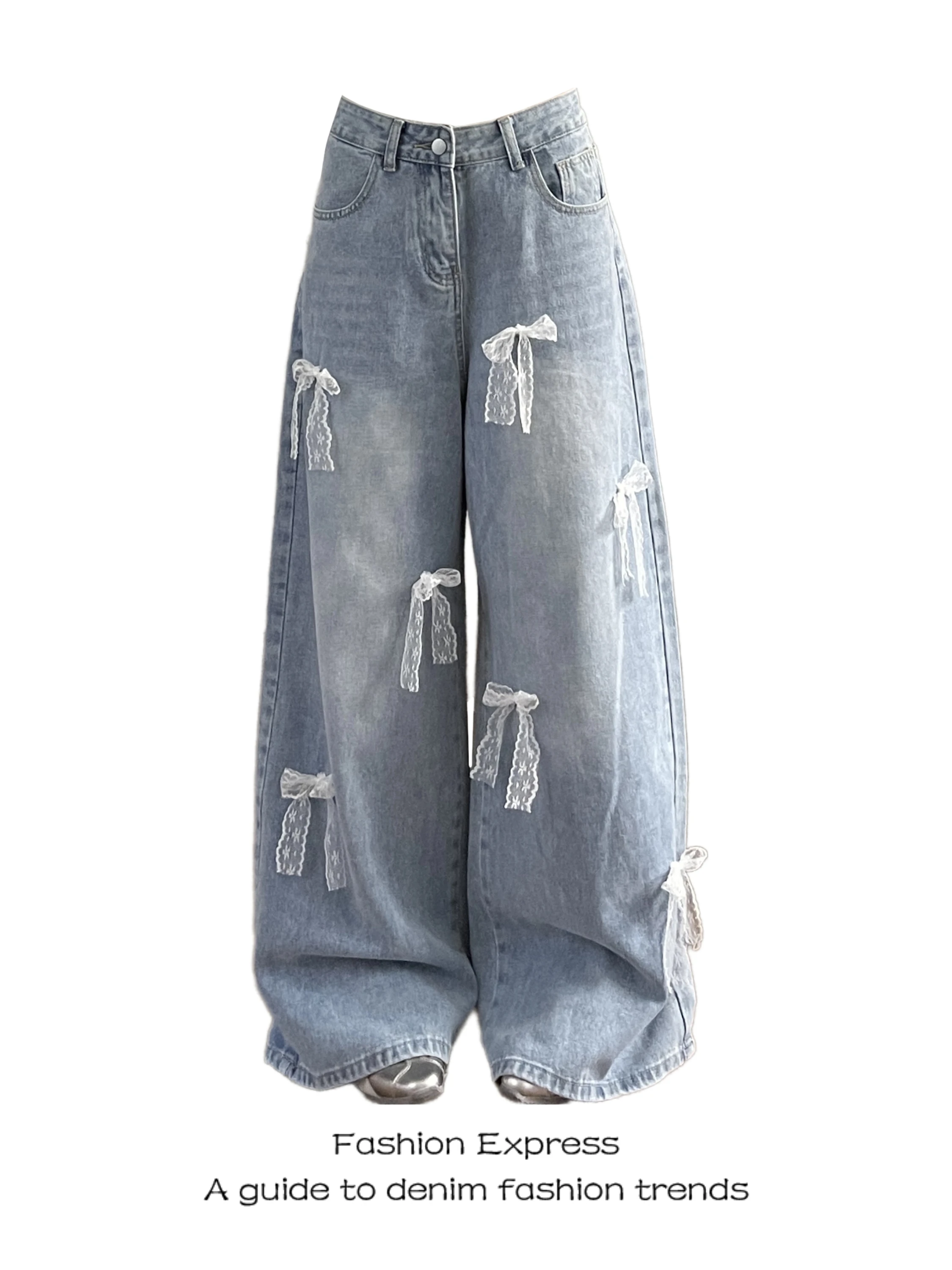 

American Sle Loose Lazy Lace Wide Leg Jeans High Waist Straight Cut Floor Length Trousers Trendy Knot Denim Pants