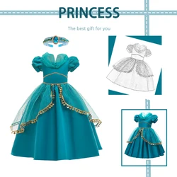 Halloween Girl Blue Dress Aladdin Magic Lamp Dress Jasmine Princess Costumes Children Dance Clothes Fancy Party Ball Gown