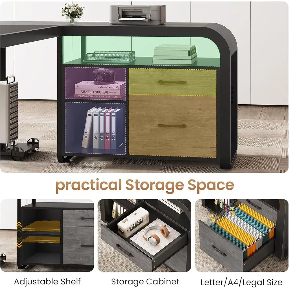 63 Inch Executive Desk, Large Office Desk with File Drawer, L Shaped Desk with Drawers, Computer Desk with Mobile CPU Stand, Sto