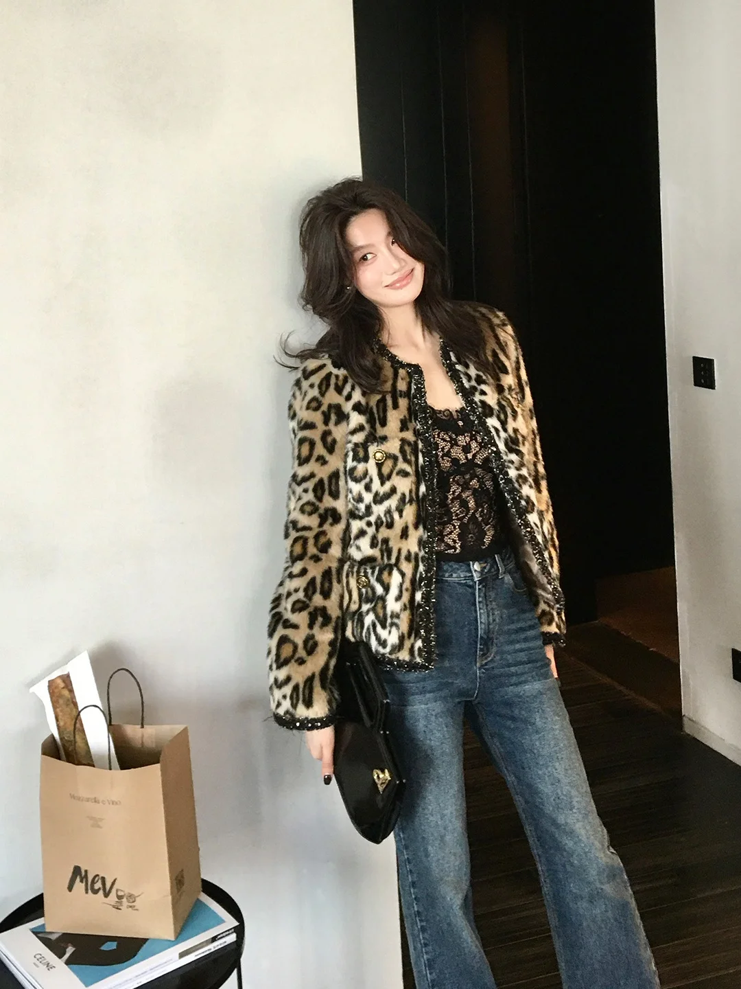 

Leopard Print ort Coat Thi Furry Contrast Color H-Sle Loose Women's Outerwear Polyester Fabric Daily Wear