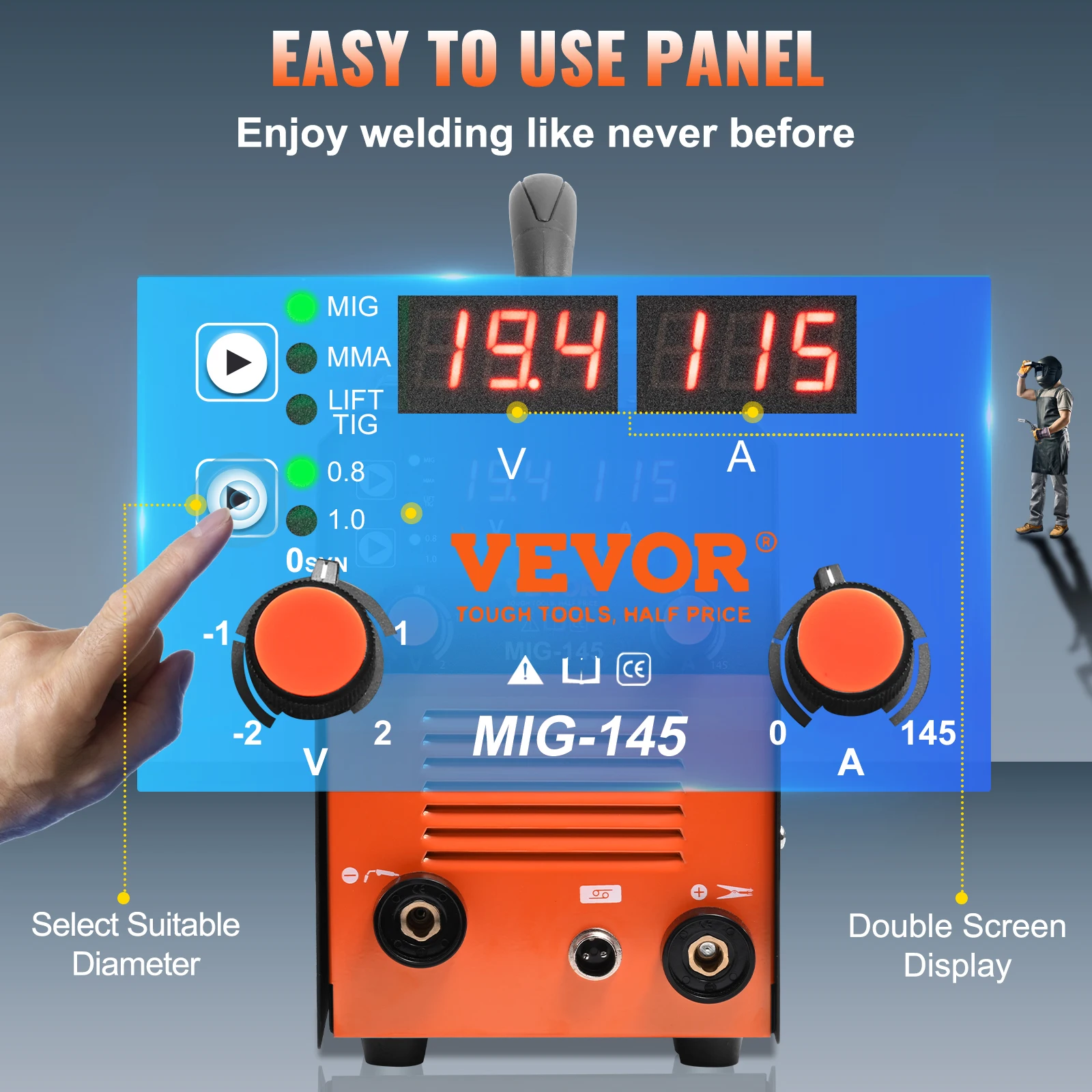 VEVOR 145Amp MIG Welder 110V Flux Core Welder MIG/Lift TIG/Stick 3 in 1 Welding Machine with IGBT Inverter & MIG Torch