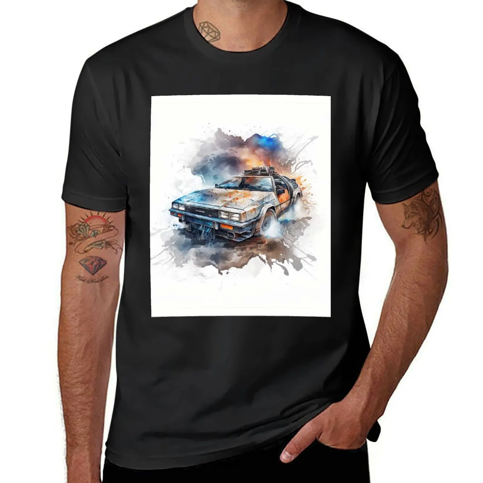 Delorean Watercolor T-shirt summer tops sports fans cute tops plain black t shirts men