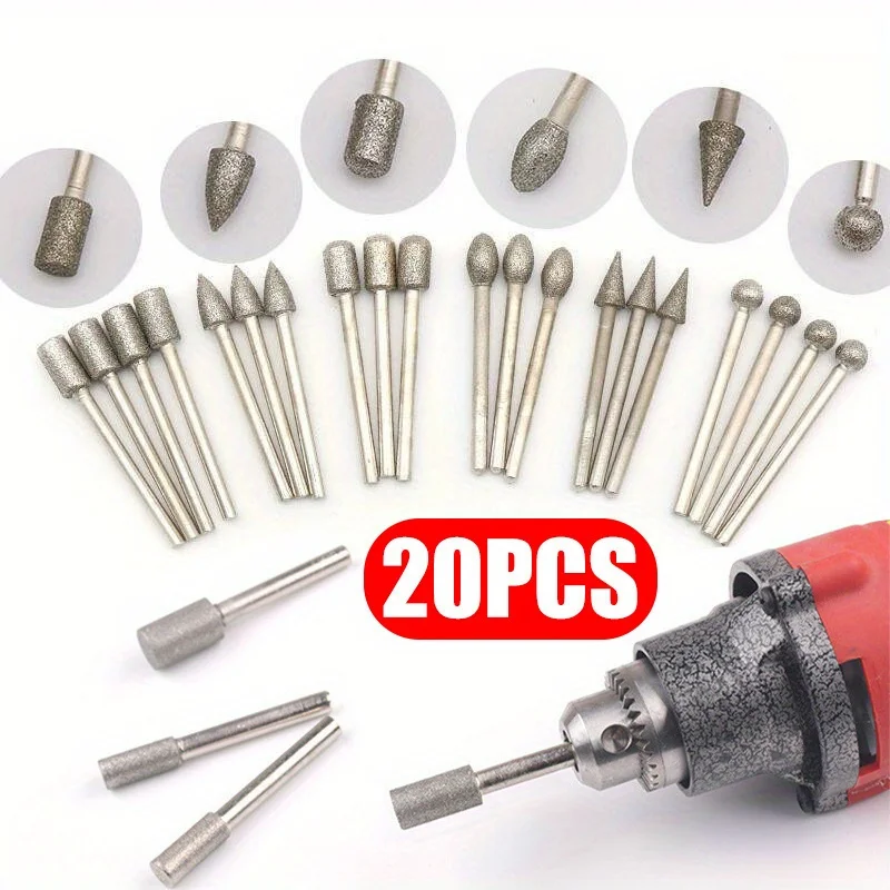 20pcs Diamond Grinding Heads Mini Bit For Rotary Drill Tool Burrs Grinding Accessories 3mm Shank Tools Kit Abrasive Tool