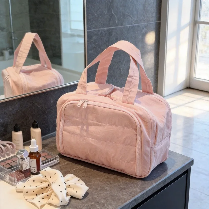 Quilted Makeup Bag, Large Capacity, Simple & Stylish, Compartmentalized, Double Opening Travel Cosmetic Toiletry Storage Bag