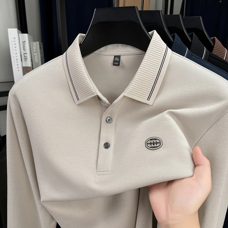 Light Luxury Trend Men Long sleeve polo shirt brand fashion exquisite embossed spring autumn skin friendly comfort lapel T-shirt