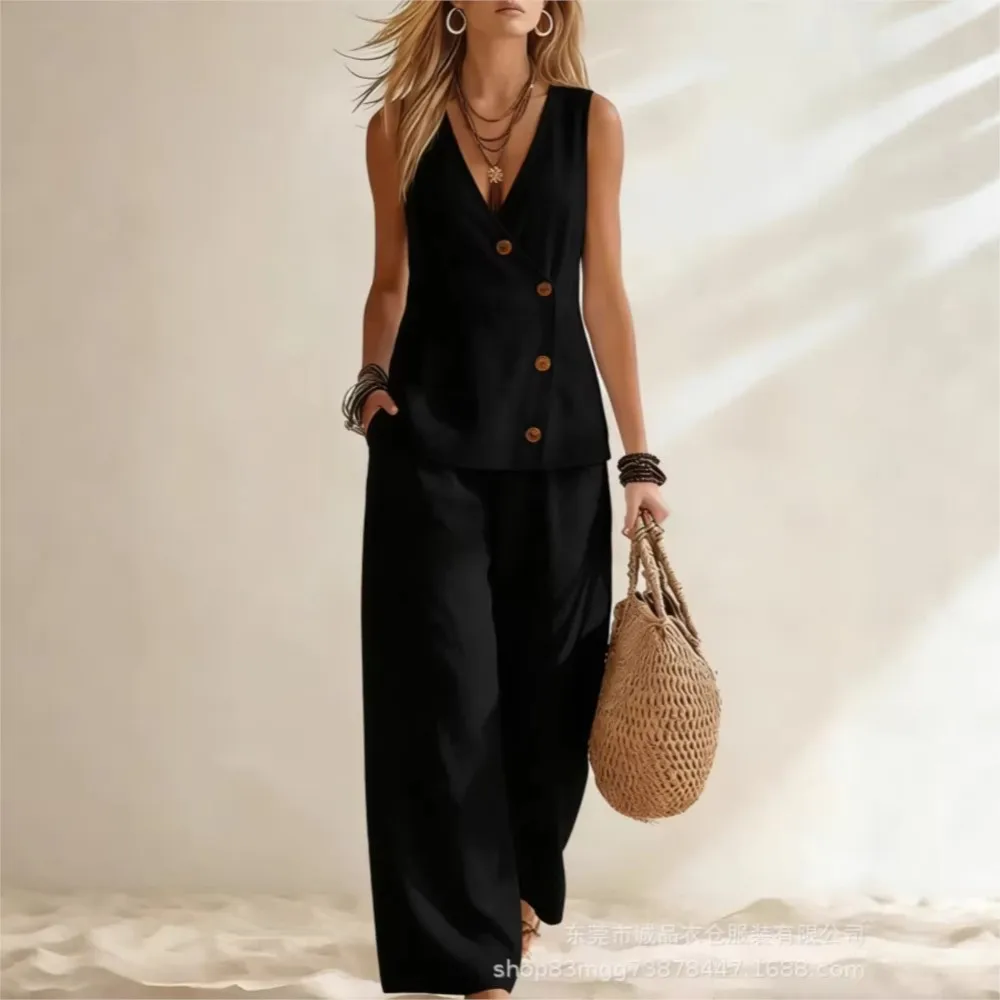 Fashion Deep V-neck Sleeveless Women Summer Trousers Suit Vest Button Vacation Simple Loose Wide-leg Trousers 2 Piece Set Female - view 4