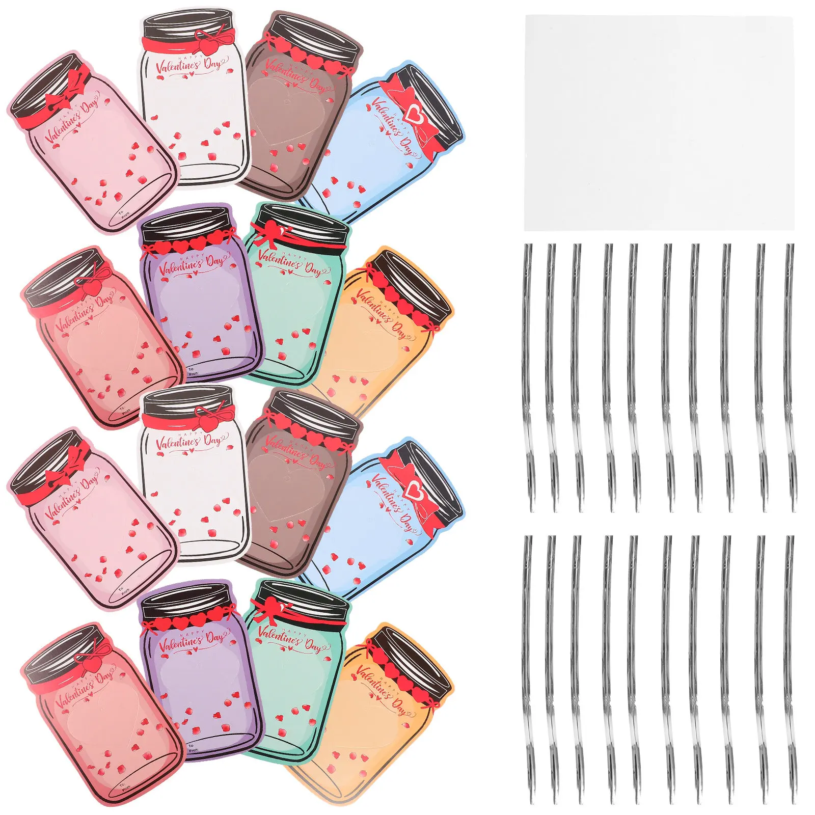 

48 Sets Valentines Day Cards Mason Jar Shape DIY Exchange Classroom Party Gift Bags Treats Valentine' Day Exchange Cards