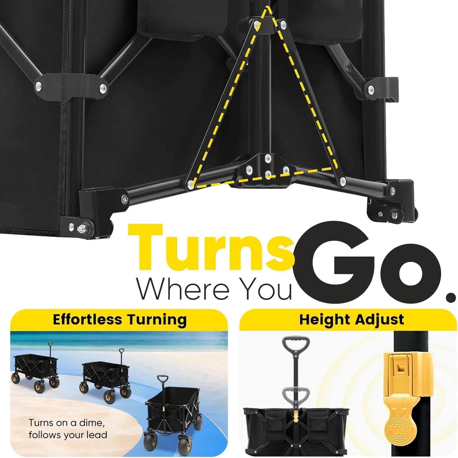 عربة الشاطئ Duty Beach مع عجلات كبيرة مقاومة للرمل مقاس 9 بوصات - سعة 440 رطل، عربة قابلة للطي كبيرة الحجم سعة 200 لتر |   مقبض قابل للتعديل