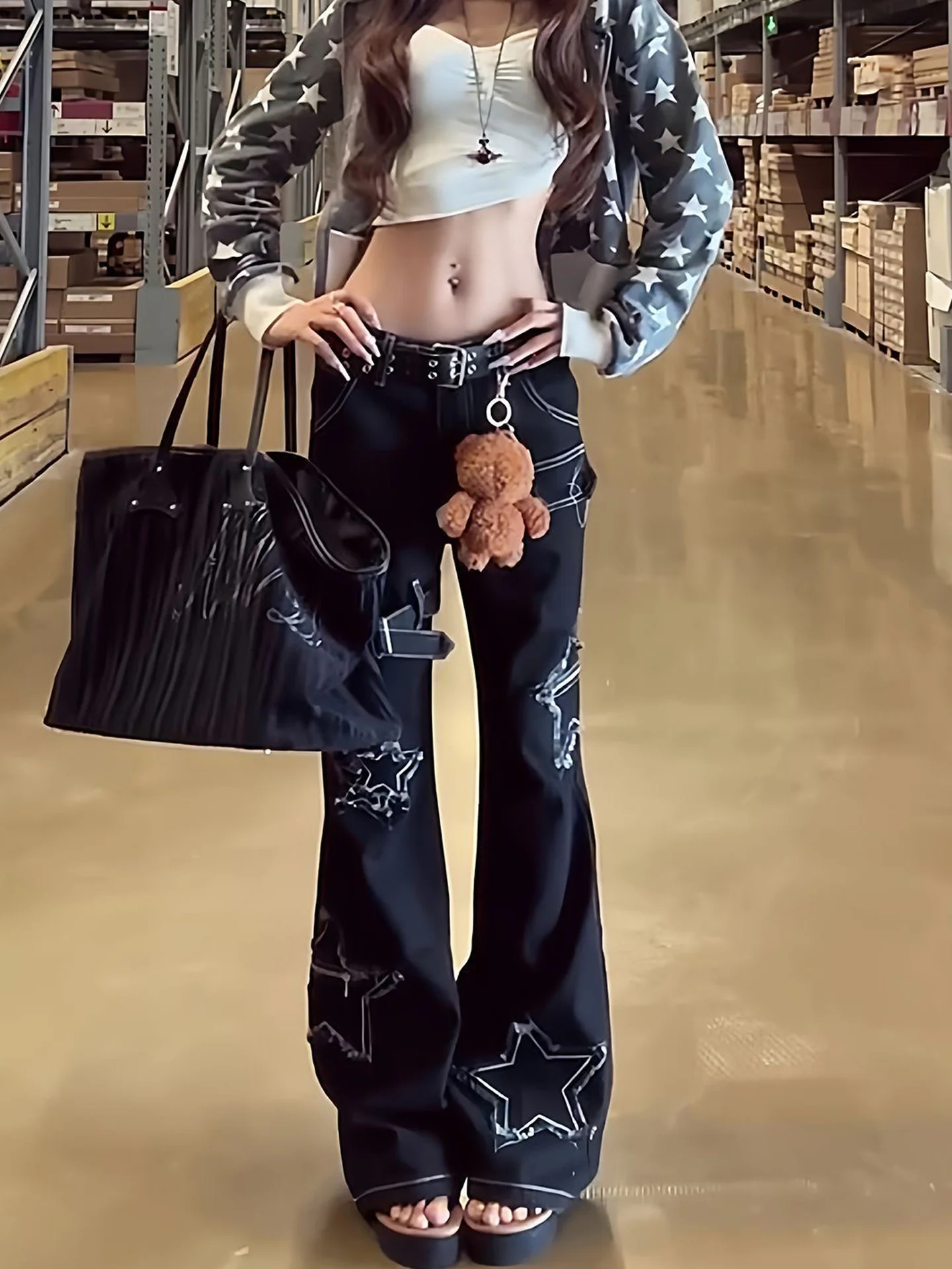 

Retro American Y2K Distressed Star Embroidery Slim Fit Denim Jeans for Women Summer New Style Bell Bottom Long Pants