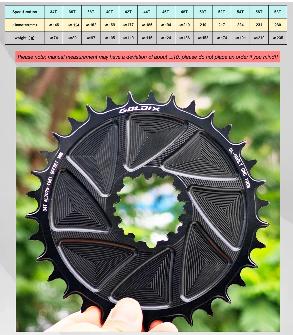GOLDIX 3-Bolzen 3mm Offset Fahrrad-Kettenblatt mit breiten und schmalen Zähnen, AERO-Kettenblatt, CNC-Hohlschnitt-Bearbeitung für 3-Bolzen-Kurbelgarnitur – Detail 3