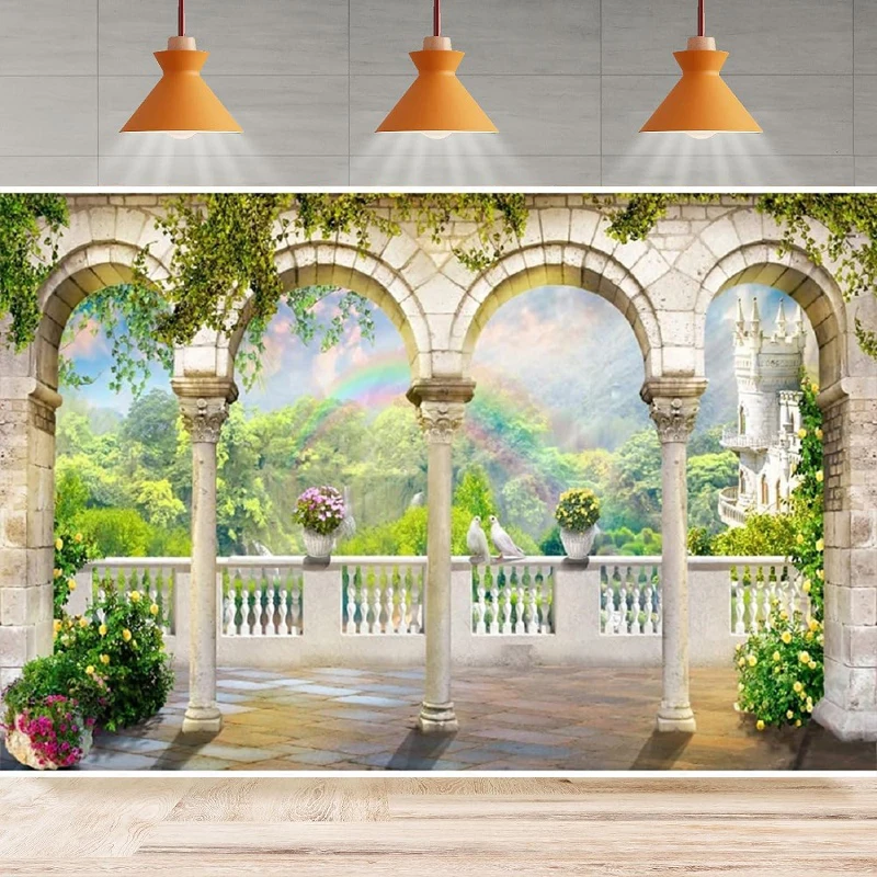 Photography Backdrop Fantasy Palace Balcony Columns Flowers Rainbow Mountains Wedding Background Home Party Backdrop Wall Banner