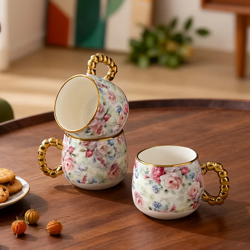 Luxury European Floral Gold Trim Ceramic Tea Set, 1Teapot  6Cups & Tray Gift Box, Vintage Home Party Serving for Restaurant Cafe view 6