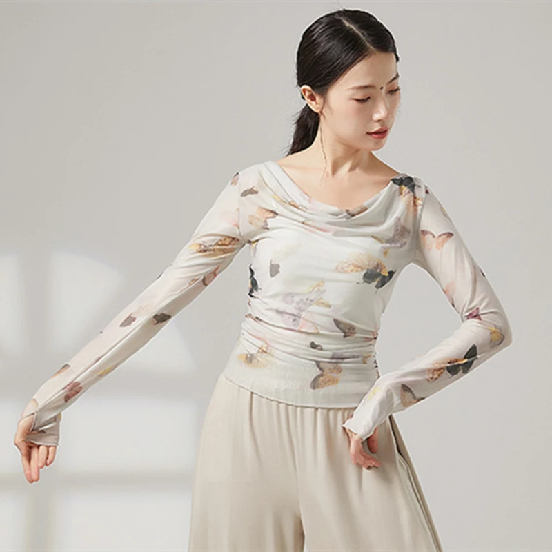 Women's Dance Suit Top Long Thumb Finger Sleeve Gauze Mesh Butterfly Printed Pleat Sheer Shirt Practice Costumes Casual Clothes