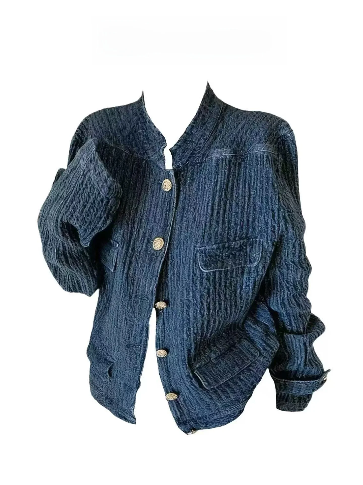 

Blue Denim Short Jacket Women's Spring Korean Style Retro Texture Stand Collar Top Trendy Commute Style Pure Color Casual Wear