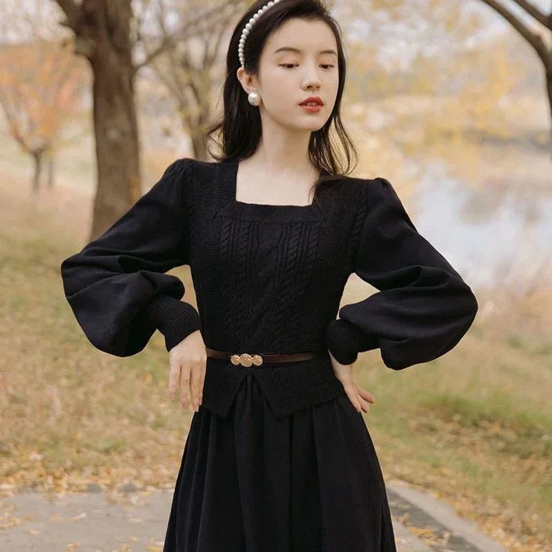 2025 Vintage Elegant Sweater Dress Women Autumn Winter New French Bubble Lantern Sleeve Long Dresses Fake Two-piece - Image 6