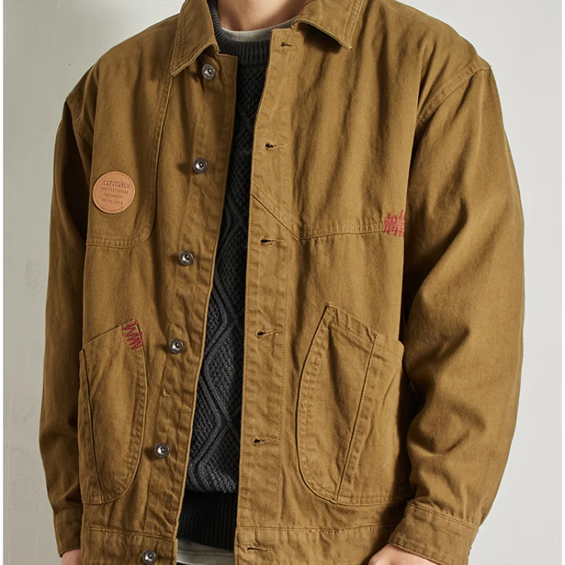 May Khaki vintage cargo coat men\'s garment wash stamped multi-pocket combed cotton to do old woven jacket trend