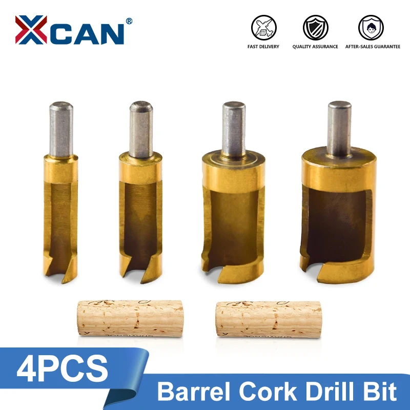 XCAN 4pcs set Barrel Cork Drill Bit Titanium Coated Wood Plug Cutter Drill 6/8/13/16mm Bored Hole Tenon Drills Woodworking Tools