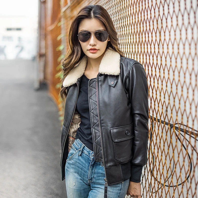 Black Winter Leather Jacket Women Military Style Plus Size 3XL Genuine Natural Thick Sheepskin Wool Collar Warm G1 Flgiht Coat