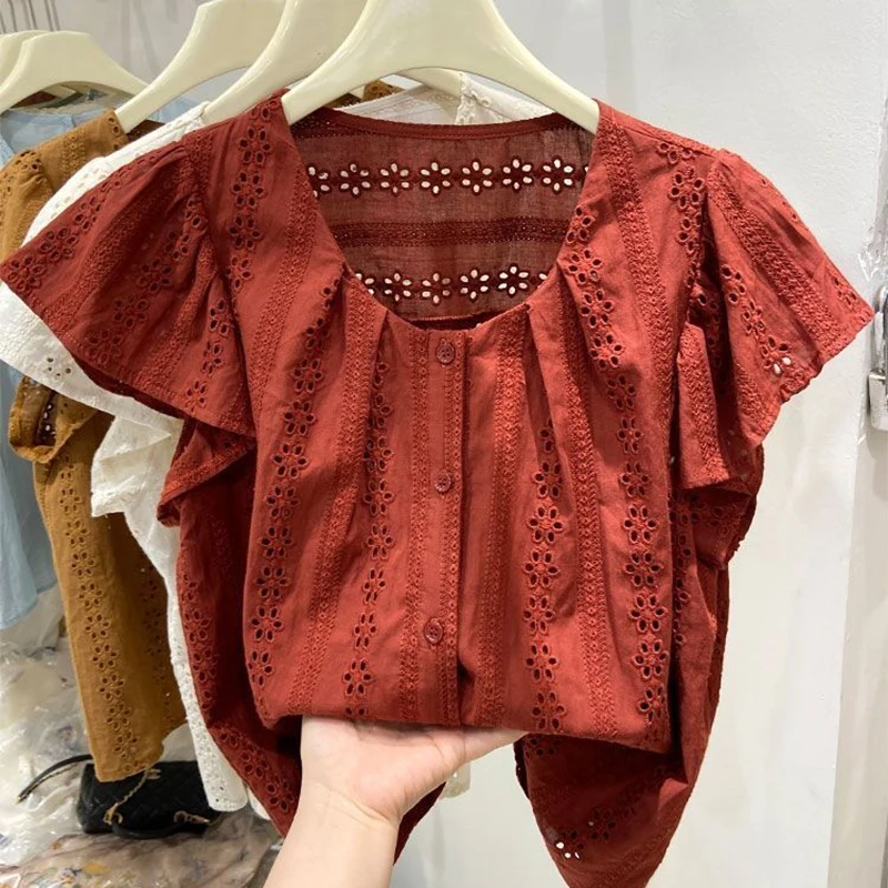 

French Style Embroidered Lace Women Shirt Summer O-neck Hollow Out Loose Blouses Short Sleeve All Match Women's Tops 2025 New