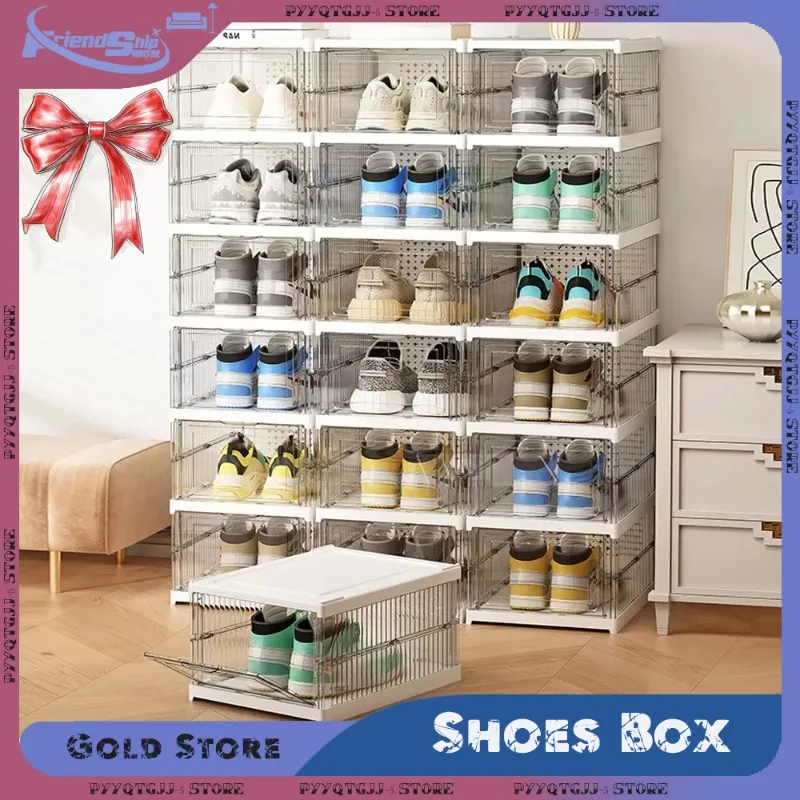 Foldable Shoes Box Transparent Stackable Thickened Plastic Bins with Lids Multi-layer Dustproof Sneaker Shoe Organizer Boxes