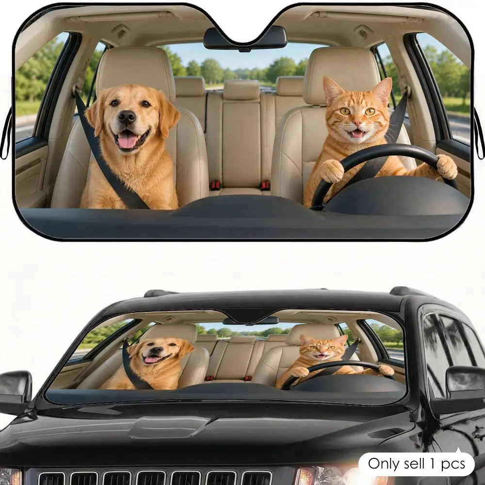 

Orange Cat and Golden Retriever Sun Visor Car Windshield Sunshade UV Protection Reflective Foldable Heat Insulation Cover