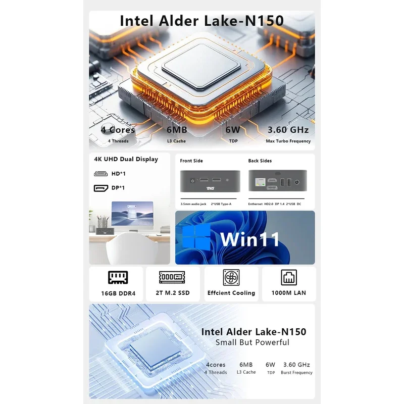 Mini PC Win 11 Linux Alder Lake-N N100 N150 HTPC Computer desktop con HD WI-FI5 DDR4 16GB 512GB SSD Mini PC per giochi