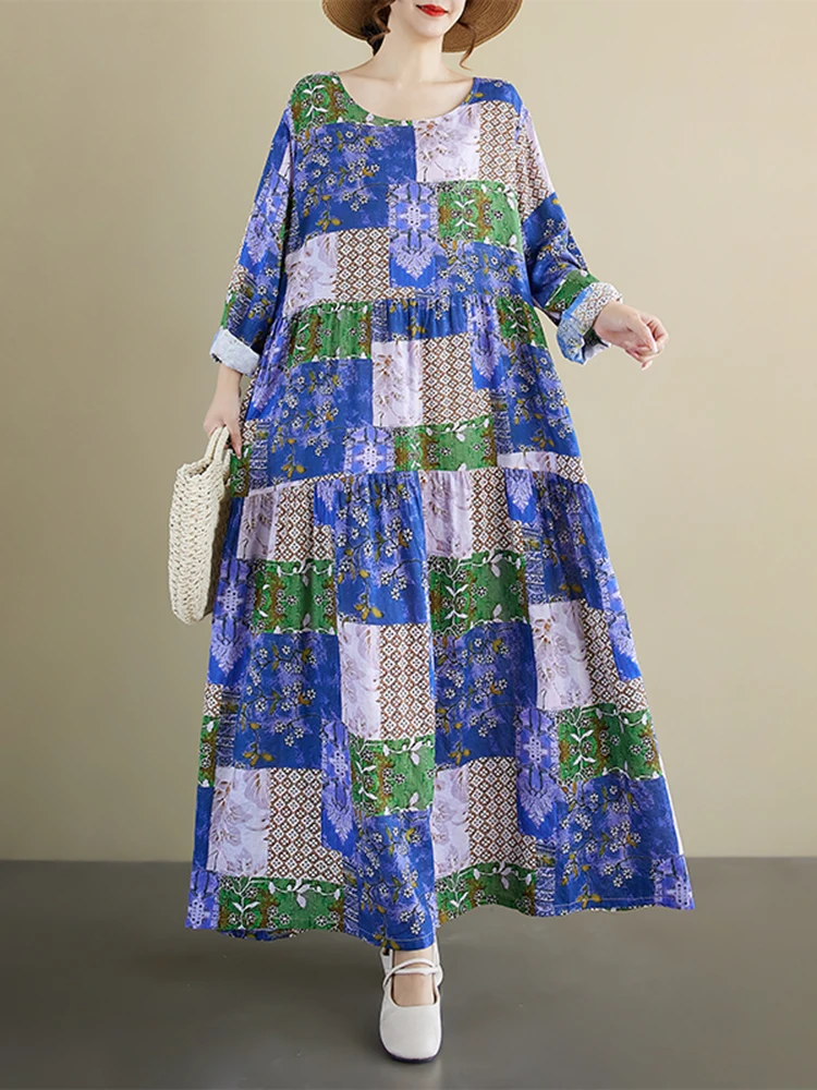 เดรสยาวแขนยาวพิมพ์ลายดอกไม้สไตล์วินเทจสำหรับผู้หญิง เดรสลำลองหลวมๆ สวยหรู เสื้อผ้าแฟชั่นสำหรับฤดูใบไม้ผลิและฤดูใบไม้ร่วง 2025