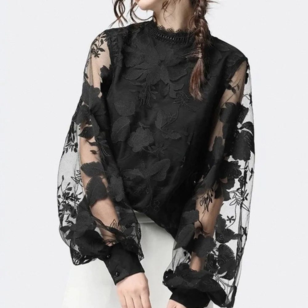 

Новая европейская и американская женская кружевная рубашка с пышными рукавами, прозрачная однотонная рубашка с круглым вырезом