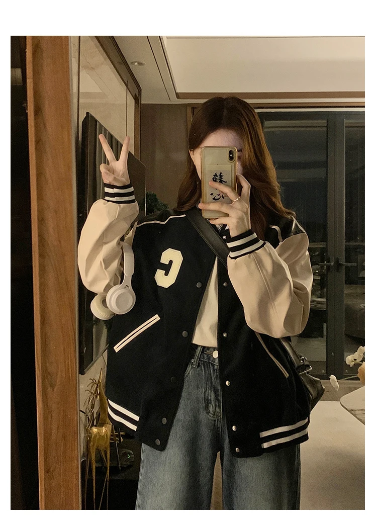 Korean Women's Kpop Grid Baseball Jacket beaded patch detail showing micro-bead placement and embroidery precision