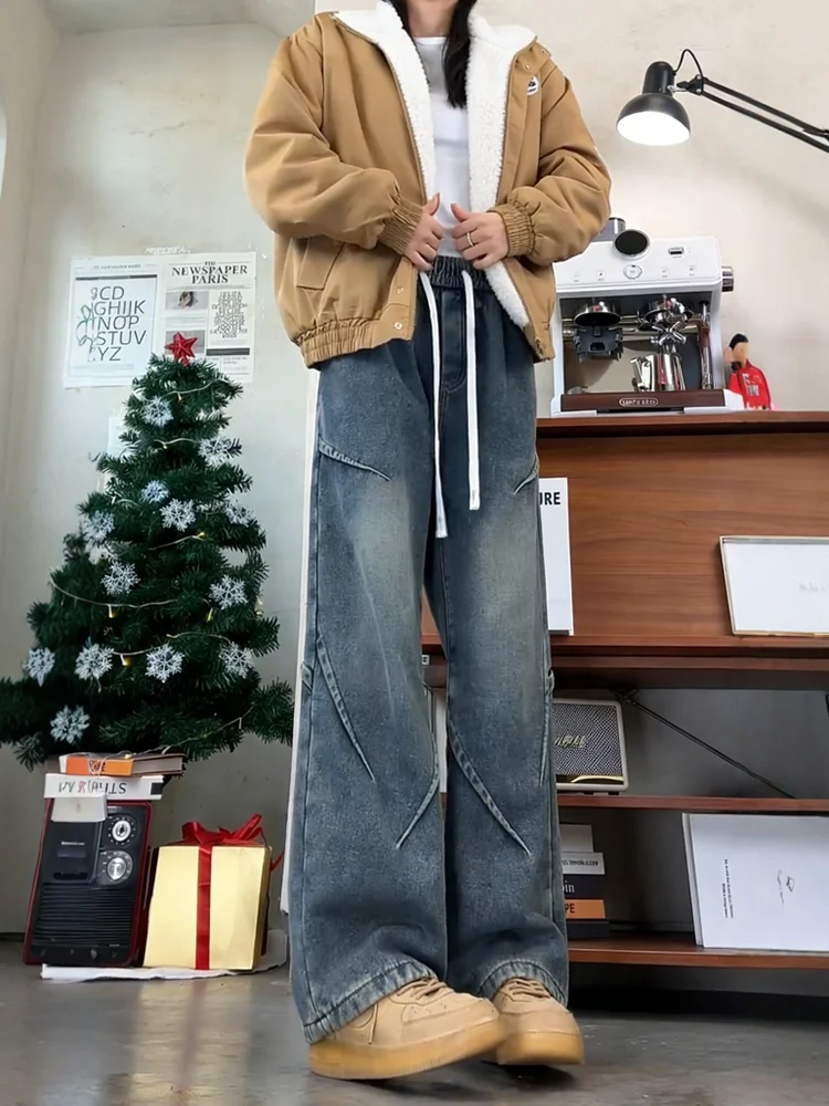 

American Retro adient Waed Fce Lined Thiened Straight Leg Jeans High Waist Slimming High Waist Straight Tube Pants