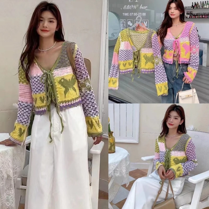 Cardigan con lacci sul davanti aperto a maniche lunghe da donna autunno Colorblock Plaid Heart Hollow Crochet Knit camicie larghe Crop Top