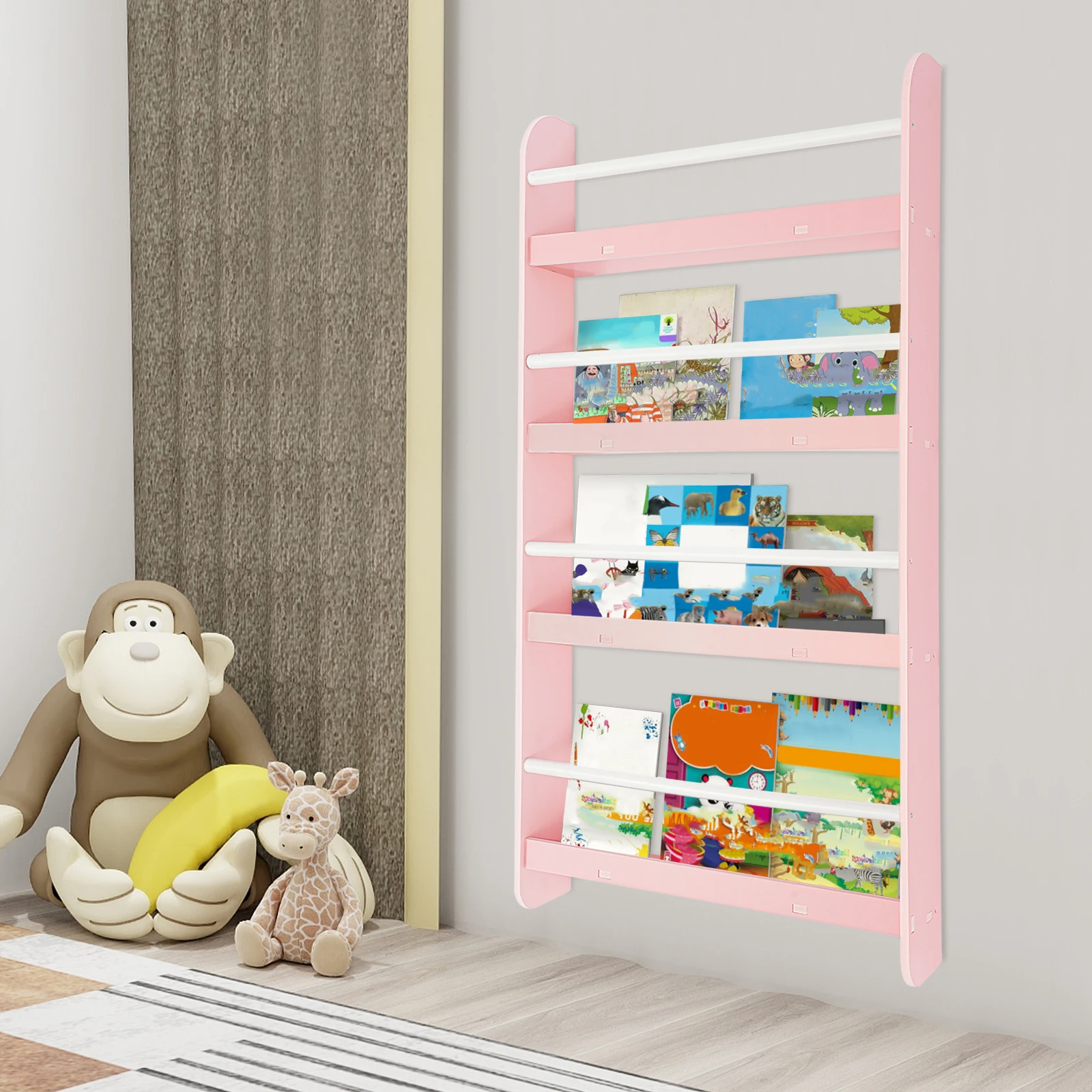 4-Tier Magazine Rack Wall Mounted Children's Bookshelf Living Room Bedroom Magazine Rack Book Storage Rack