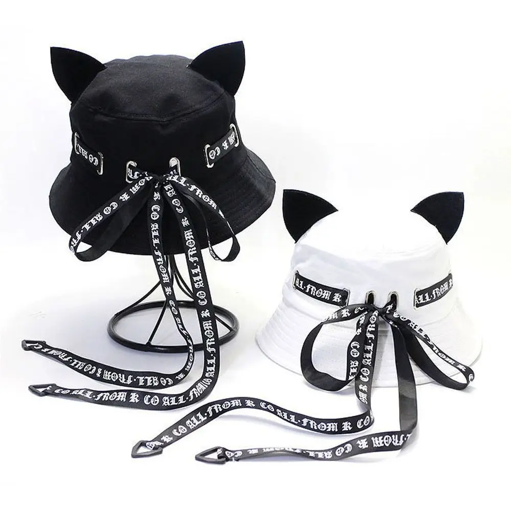 Cute Cat Ears Streamer Fisherman Hat Women Casual Basin Hat Solid SunHat Designer Bucket Hat Unisex Punk Hats Hip Hop Bonnets