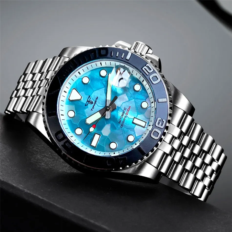 40mm Diver Tandorio MOP Ice Blue Dial NH35 Mechanical Watch Men White Chapter Ring Jubilee Bracelet Cyclops 38mm Insert