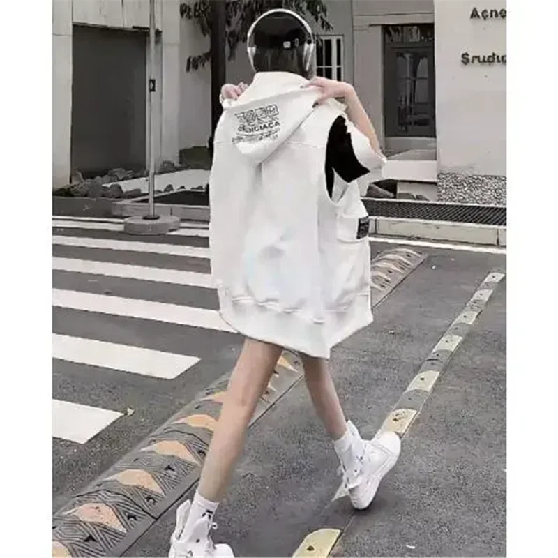 Spring Autumn Mid-Long Large Size Hooded Vest Coat Women 2024 New Fashion Loose Casual White Pure Colour Waistcoat Female