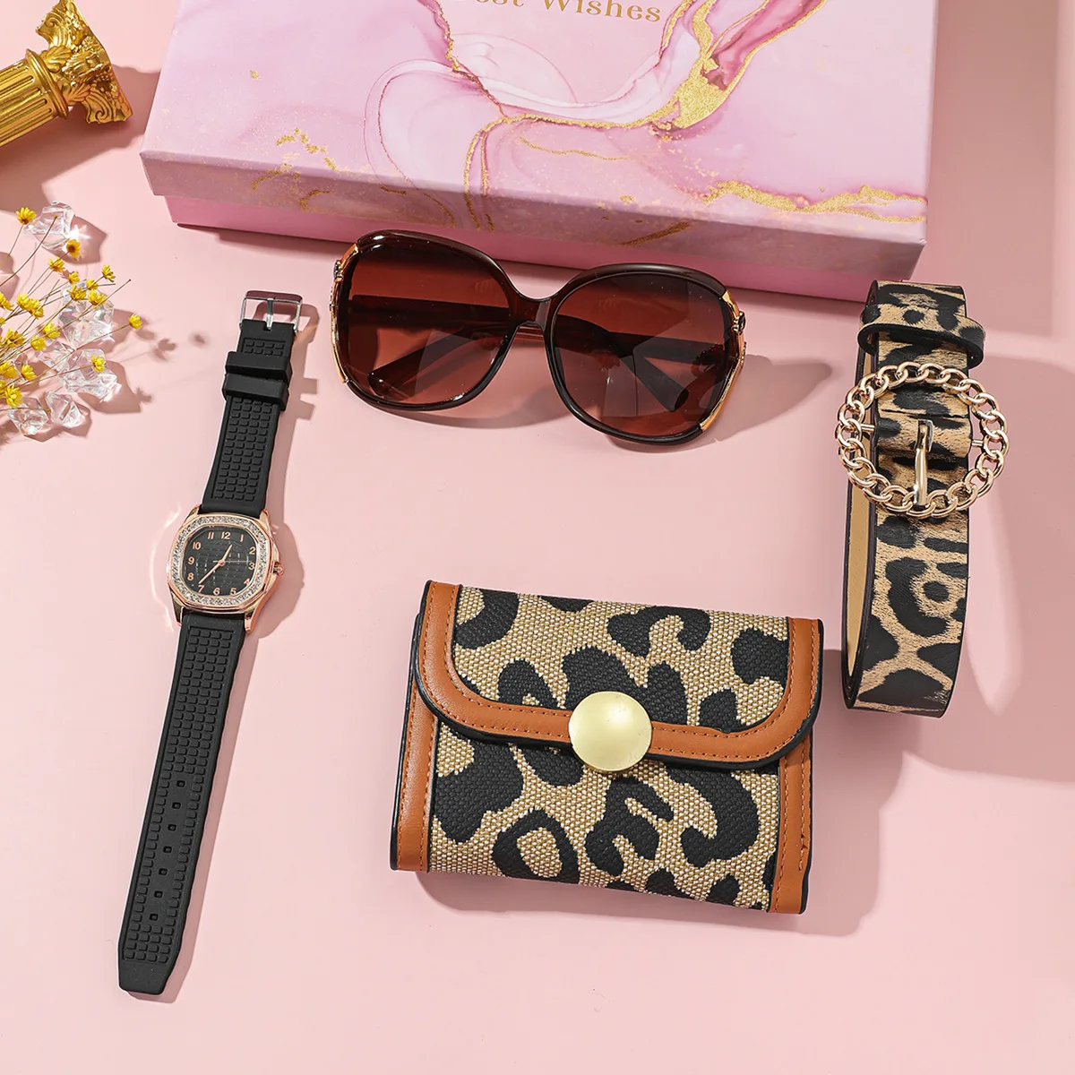 4Pcs/Set Luxury Women Watch Set with Box Quartz Watch Purse Sunglasses Wallet Belt Wristwatch Set Gift for Wife Girlfriend Lady