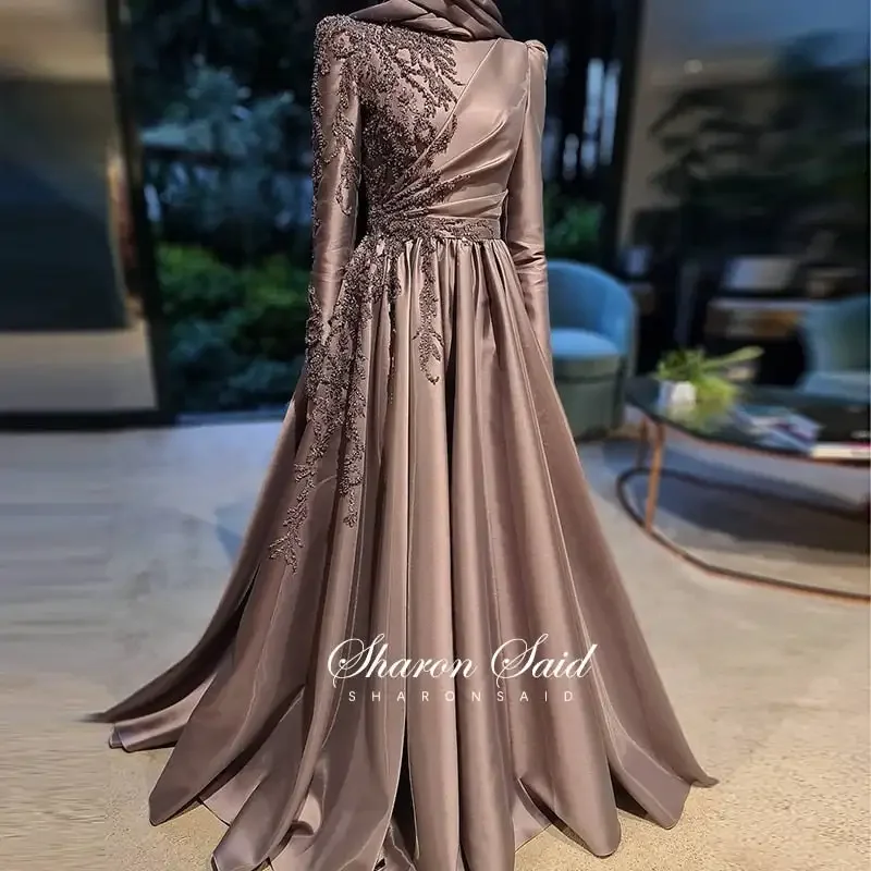 Brown Long Sleeve Muslim Evening Dresses 2022 Luxury Dubai Beading Arabic Formal Dress Evening Gowns