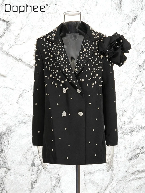 

Light Luxury Socialite Blazer Autumn Winter New High-end Beaded Three-dimensional Flower Cross Collar Personalized Fashion Coat