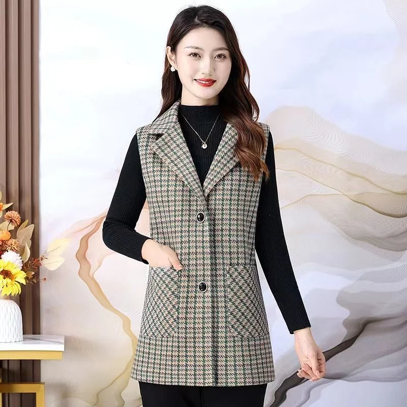 

2023 New Middle-aged Women's Woolen Vest Coats Fashion Plaid Sleeveless Jacket Female Mid Long Waistcoat Women Outerwear XL-5XL